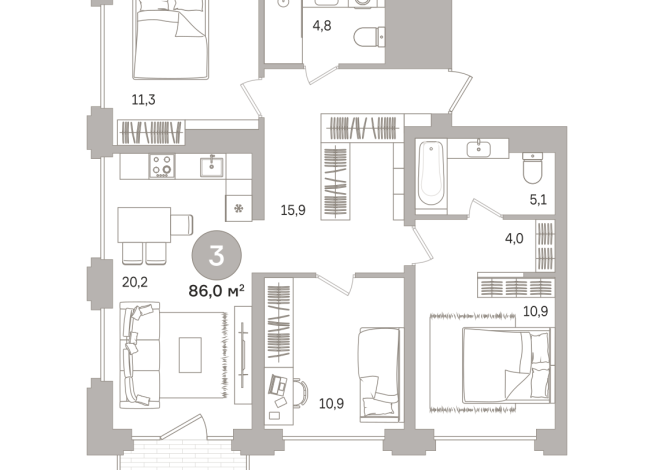 86.00 м² | 4 - 17 эт.