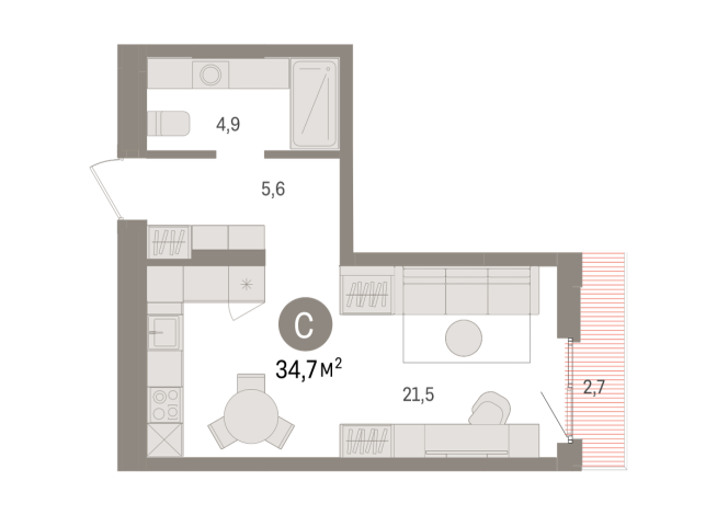34.00 м² | 13 - 16 эт.