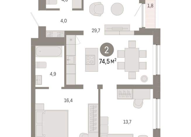 74.00 м² | 8 - 9 эт.