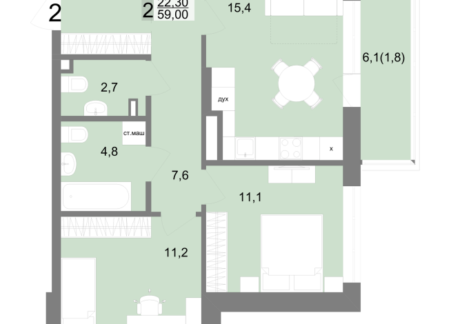 59.00 м² | 2 - 25 эт.