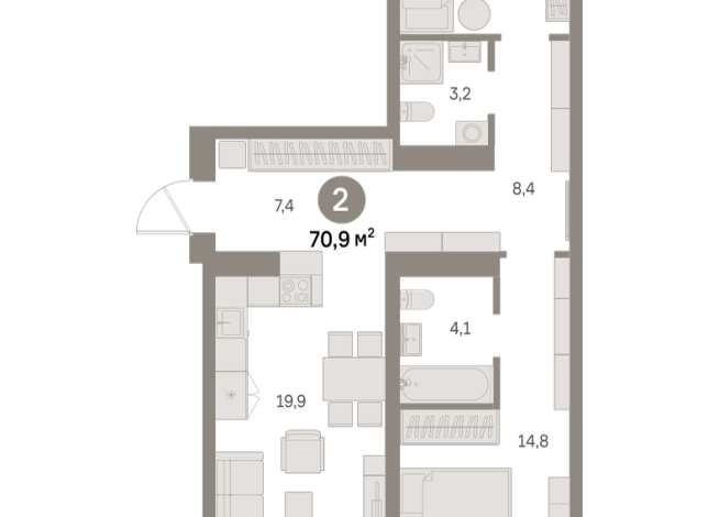 70.00 м² | 6 - 9 эт.
