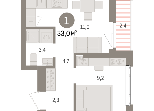 33.00 м² | 16 - 25 эт.