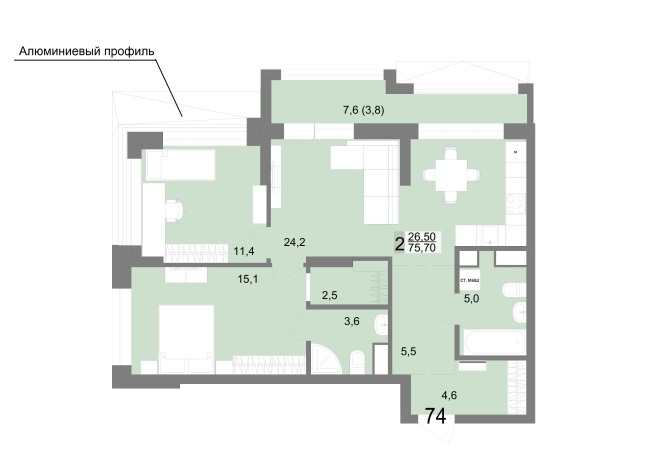 75.70 м² | 13 - 25 эт.