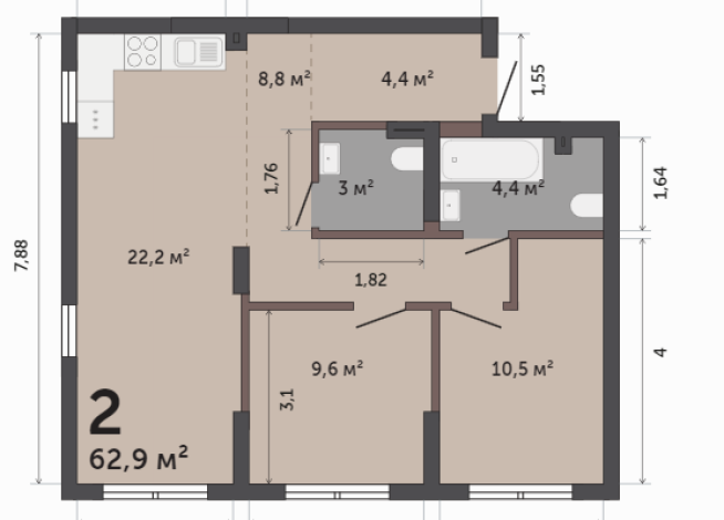 62.90 м² | 1 - 9 эт.