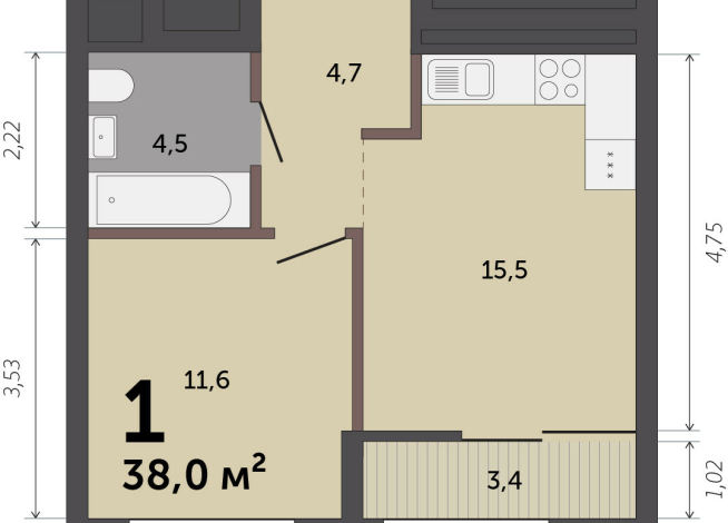 38.00 м² | 9 - 17 эт.