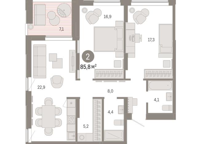 85.00 м² | 14 - 16 эт.