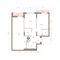 86.00 м² | 3 - 16 эт. 00