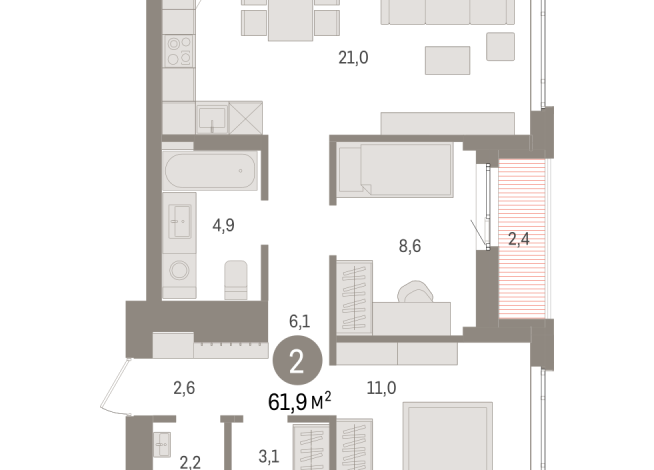 61.00 м² | 12 - 16 эт.