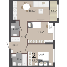 55.70 м² | 9 - 17 эт. 00