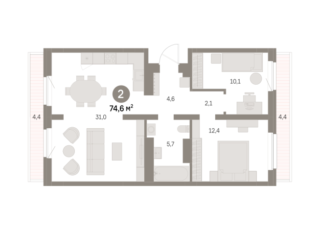 74.00 м² | 7 - 9 эт.