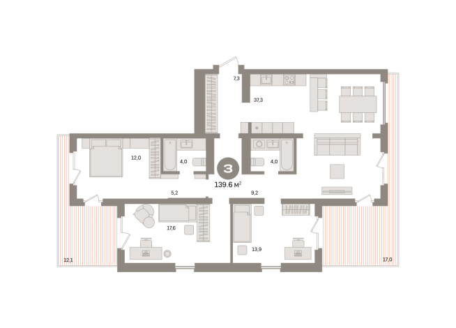 139.00 м² | 16 - 17 эт.