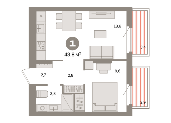 43.00 м² | 5 - 9 эт.