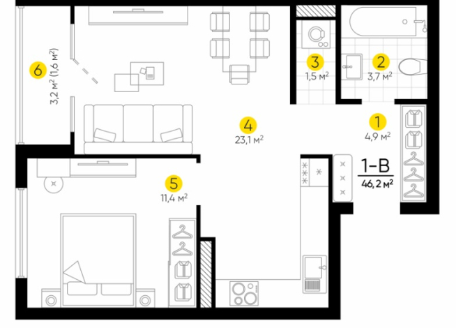 1-к квартира | 46.20 м² | 17 - 18 эт.