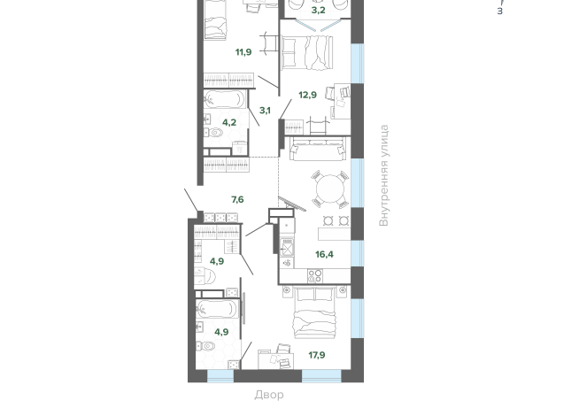 86.96 м² | 12 - 25 эт.