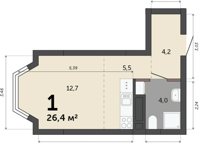 26.40 м² | 2 - 23 эт.