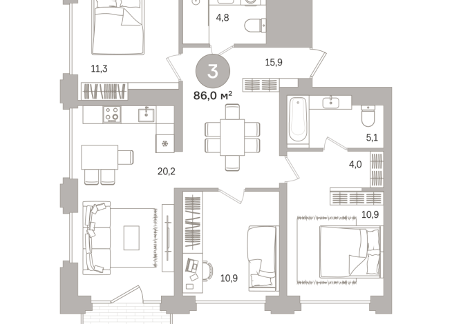86.00 м² | 8 - 17 эт.
