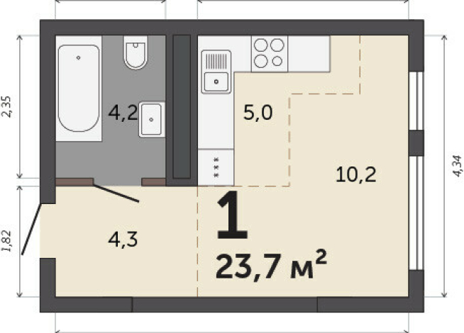 23.70 м² | 23 - 30 эт.