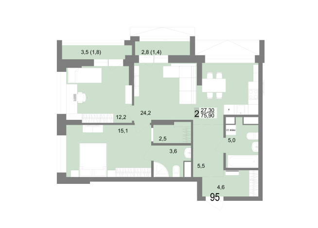 75.90 м² | 16 - 25 эт.