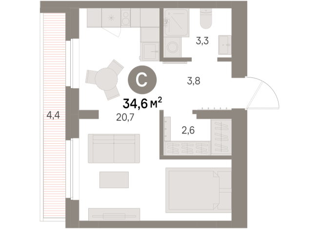 34.00 м² | 7 - 9 эт.