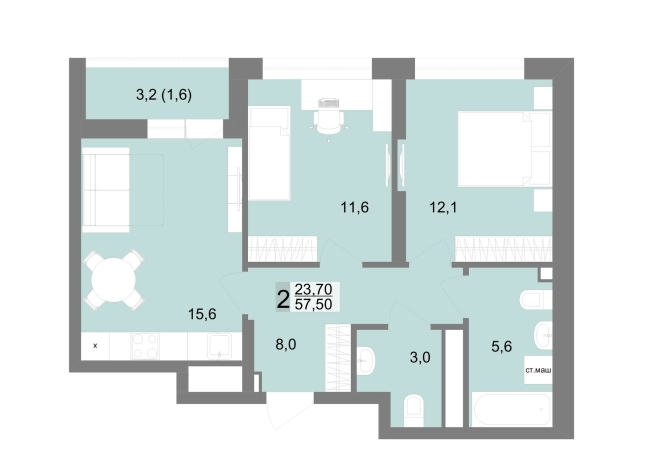 57.50 м² | 21 - 25 эт.