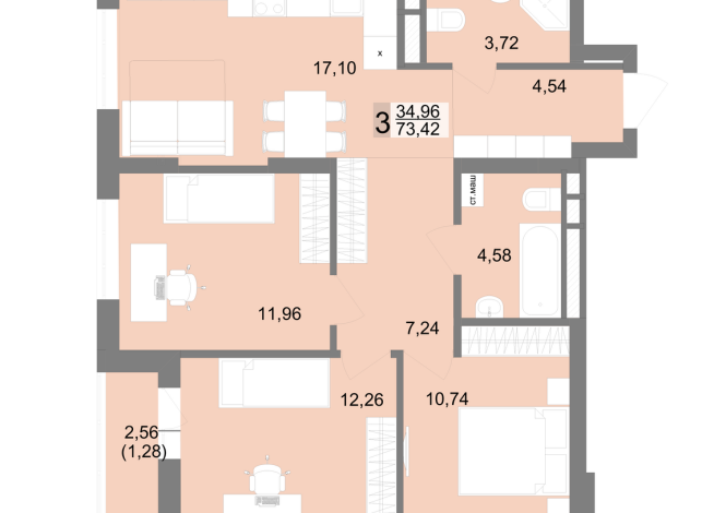 73.42 м² | 3 - 22 эт.