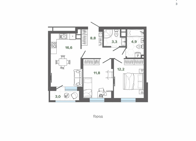 60.69 м² | 4 - 25 эт.