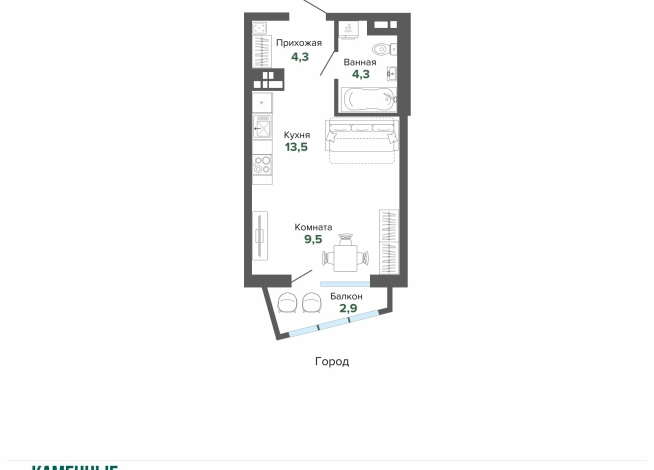 34.48 м² | 14 - 25 эт.