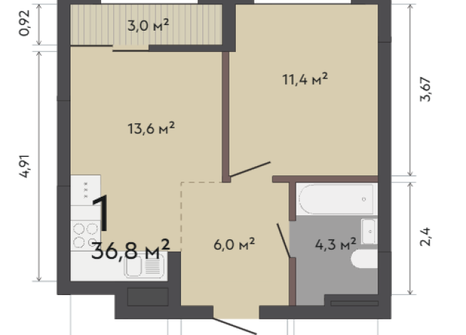 36.80 м² | 12 - 12 эт.