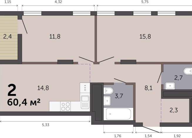 60.40 м² | 11 - 19 эт.