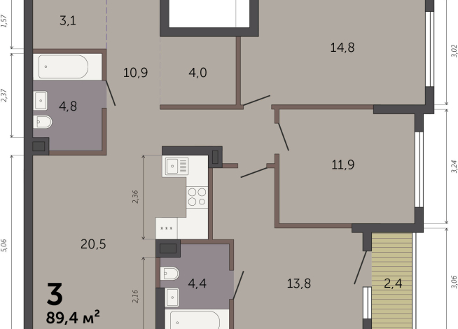 89.40 м² | 2 - 32 эт.