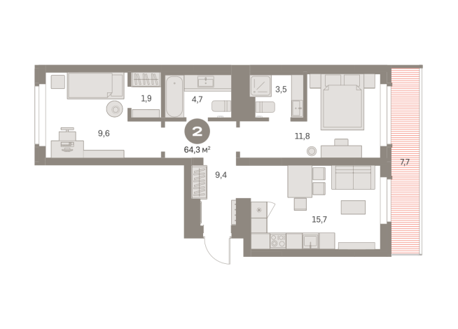 64.00 м² | 8 - 9 эт.