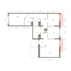 92.00 м² | 3 - 9 эт. 00
