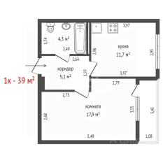 1-к квартира | 39.00 м² | 6 - 18 эт. 00