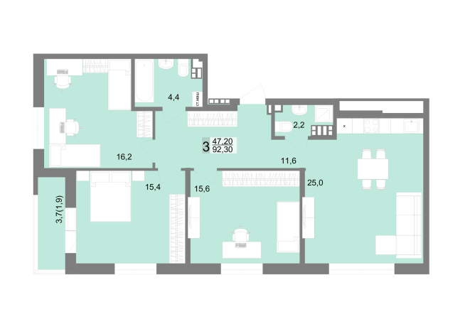92.50 м² | 2 - 17 эт.