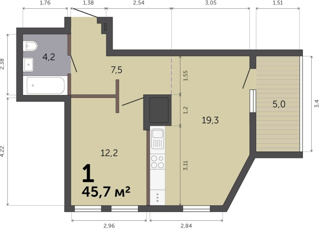 45.70 м² | 11 - 19 эт.