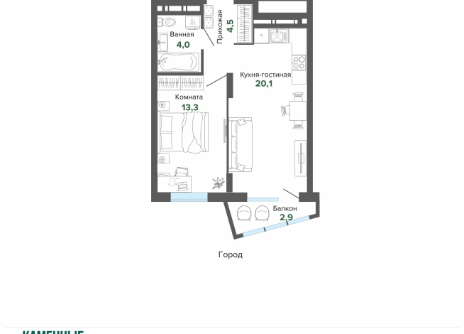 44.71 м² | 16 - 25 эт.