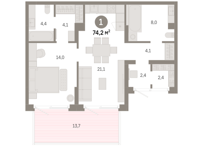 74.00 м² | 1 - 9 эт.