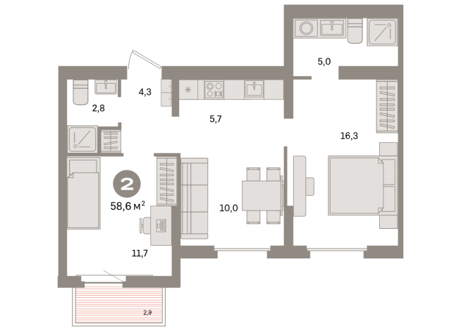 58.00 м² | 2 - 9 эт.