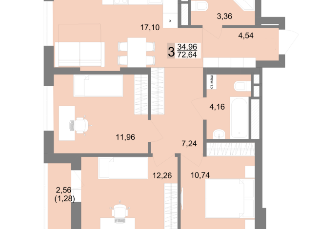 72.64 м² | 14 - 22 эт.