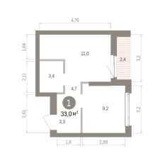 33.00 м² | 16 - 25 эт. 00