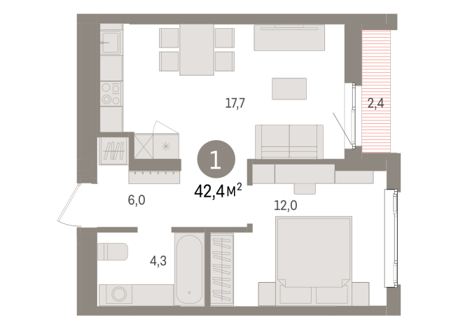 42.00 м² | 8 - 16 эт.