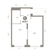 45.00 м² | 2 - 16 эт. 00