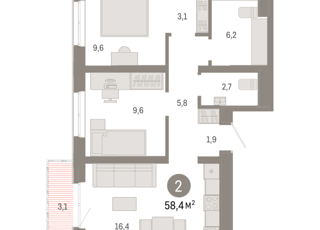 58.00 м² | 3 - 7 эт.