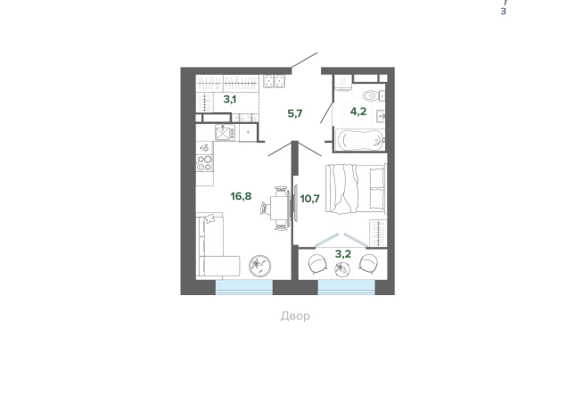 43.68 м² | 7 - 25 эт.