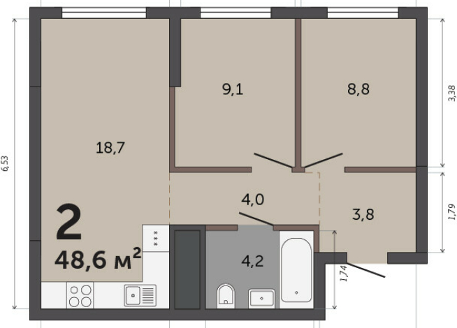 48.60 м² | 16 - 30 эт.