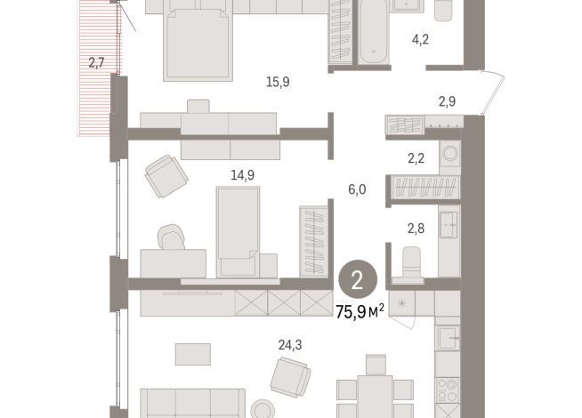 75.00 м² | 14 - 16 эт.