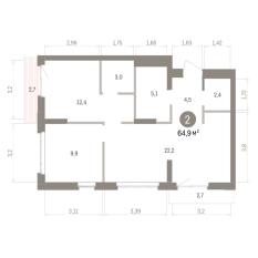 64.00 м² | 9 - 16 эт. 00