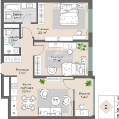 2-к квартира | 76.40 м² | 3 - 24 эт. 111