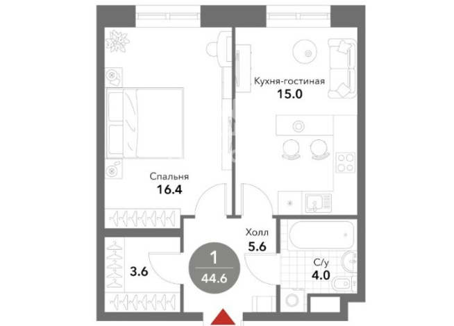 1-к квартира | 44.60 м² | 20 - 25 эт.