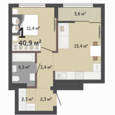 40.90 м² | 15 - 17 эт. 00